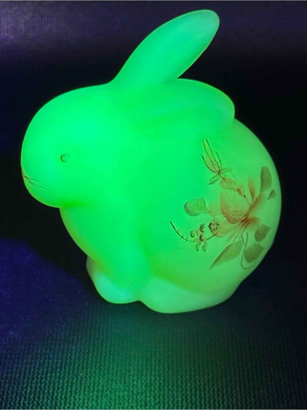 Fenton Uranium Bunny Hand Painted on Custard Glass JK Spindler GLOWS